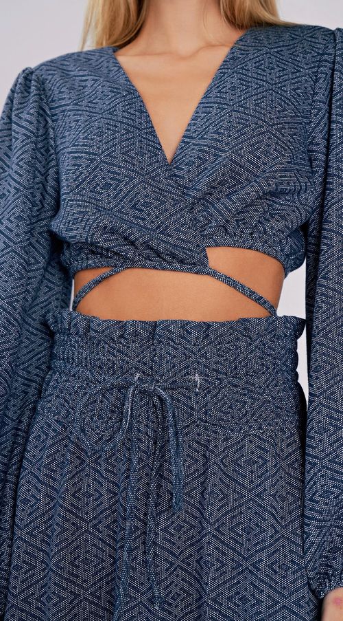 Blusa Zinco Decote V Manga Longa Com Amarração Azul Marinho