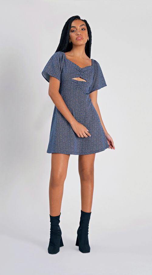 Vestido Zinco Curto Decote Coração Abertura Frente Azul Marinho