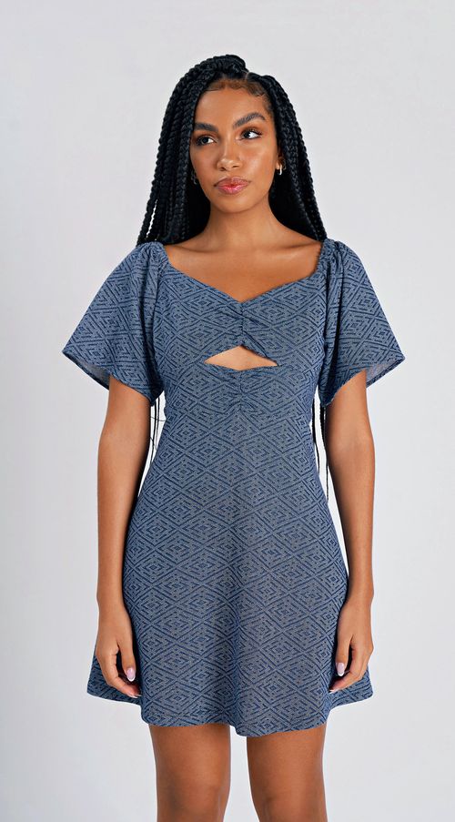 Vestido Zinco Curto Decote Coração Abertura Frente Azul Marinho
