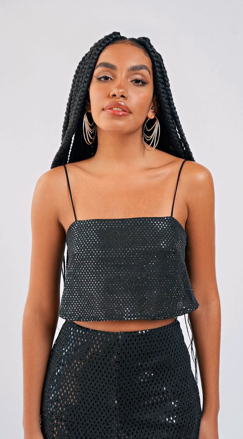 Top Zinco Reto Alça Detalhe Paetê Preto