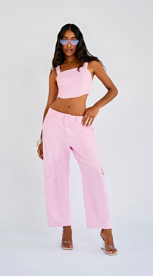 Calca Zinco Reta Cós Baixo Bolso Lateral Rosa