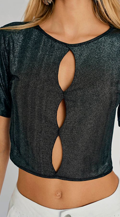 Blusa Zinco Decote Redondo Manga Curta Abertura Frente Preto