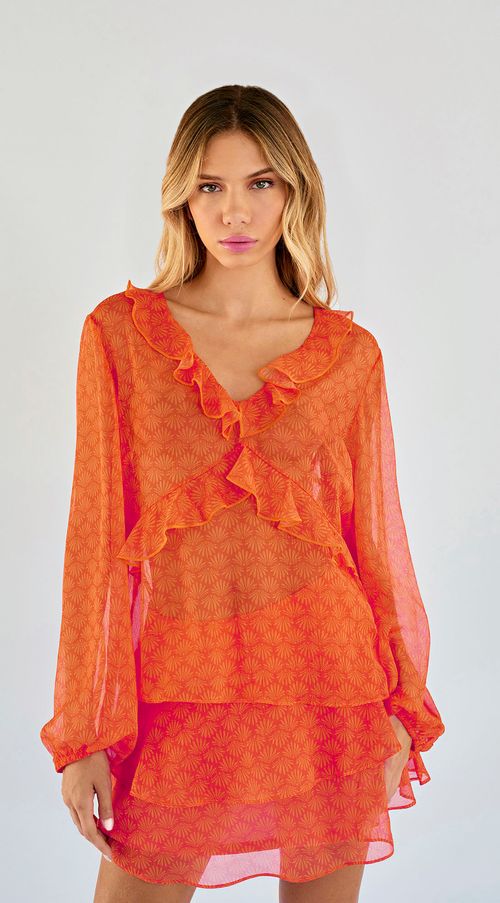 Blusa Zinco Decote V Manga Longa Com Babado Laranja