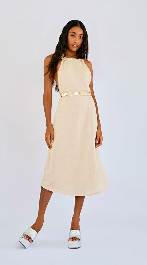 Vestido Zinco Midi Decote Redondo Com Metal Cru