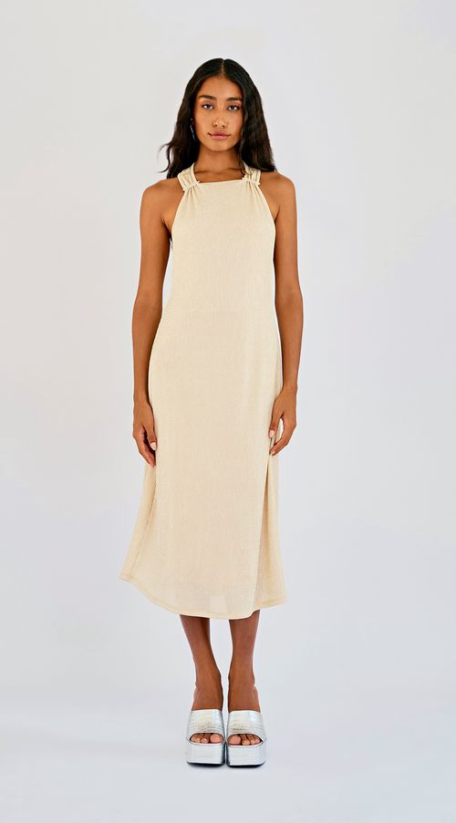 Vestido Zinco Midi Decote Redondo Com Metal Cru