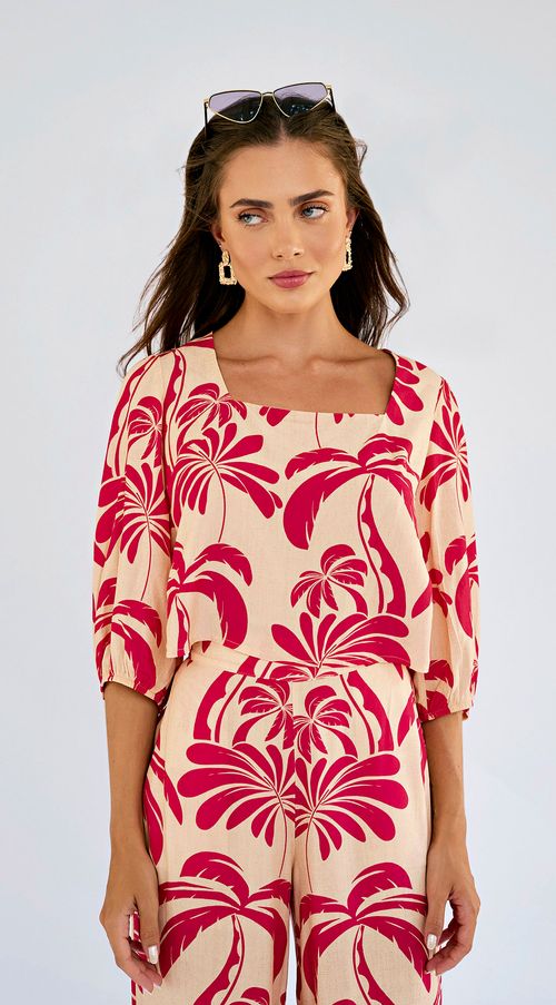 Blusa Zinco Decote Quadrado Manga 3/4 Com Franzido Pink