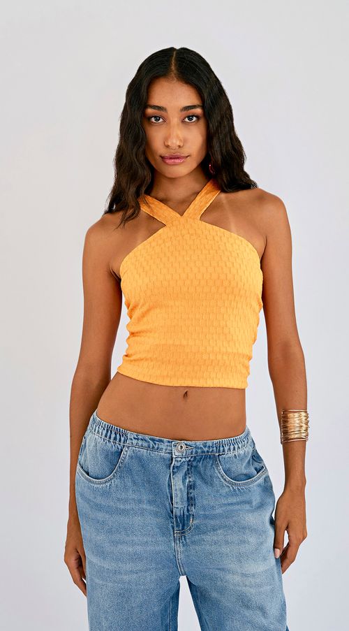 Blusa Zinco Decote V Cavada Com Recorte Laranja