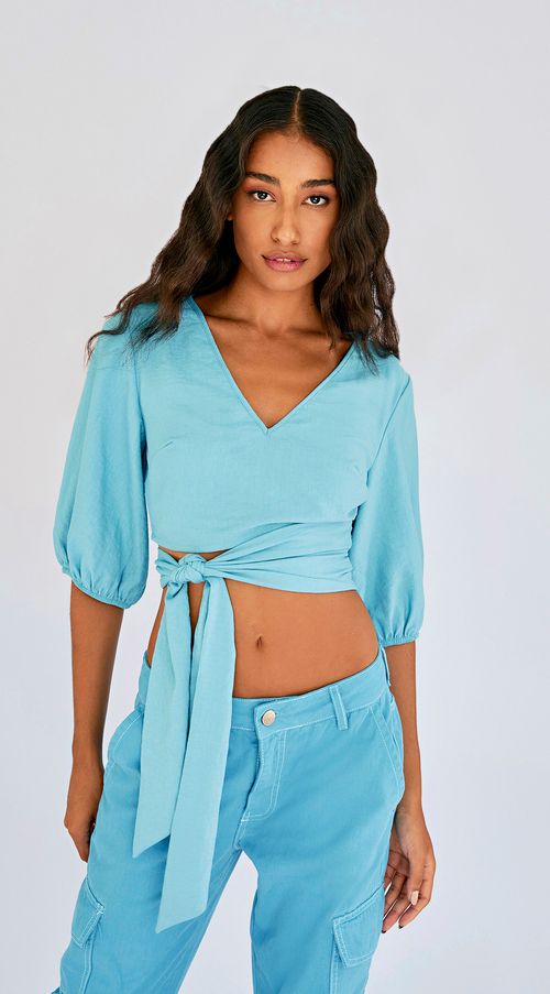 Blusa Zinco Decote V Manga 7/8 Com Faixa Azul