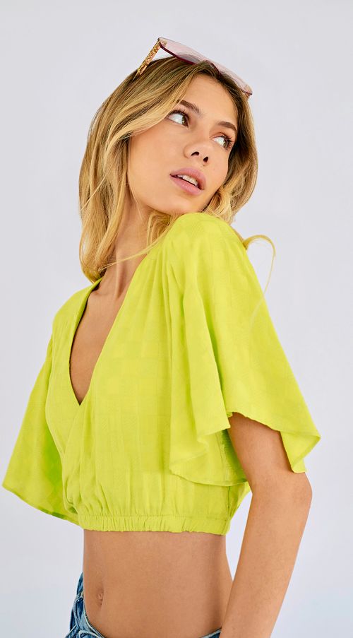 Blusa Zinco Decote Transpassado Manga Curta Detalhe Elástico Verde Claro