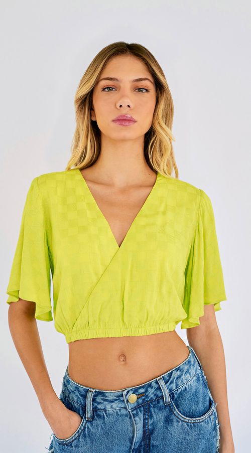 Blusa Zinco Decote Transpassado Manga Curta Detalhe Elástico Verde Claro