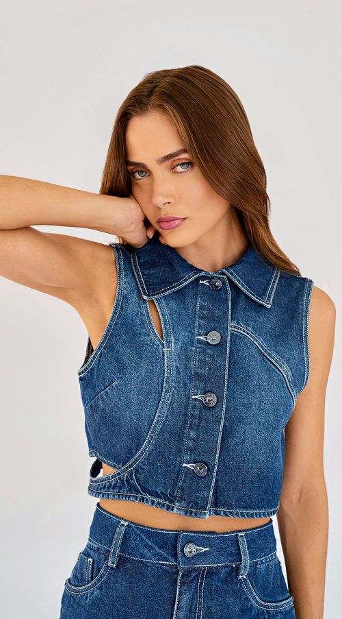 Top Zinco Reto Cavado Com Recorte Jeans