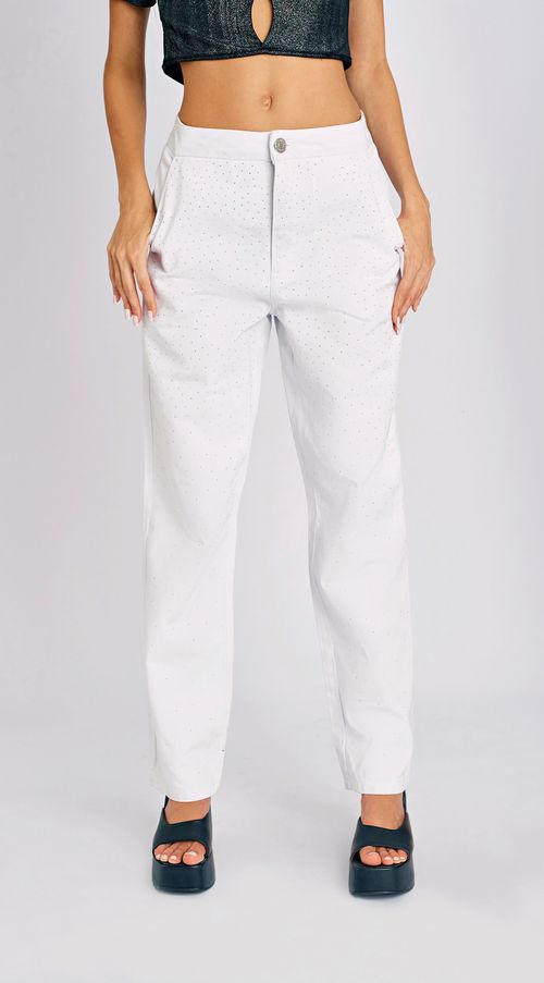 Calca Zinco Alfaiataria Cós Alto Detalhe Strass Branco