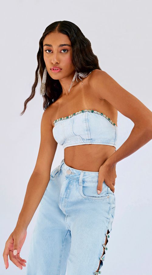 Top Zinco Justo Tomara Que Caia Com Recorte Jeans