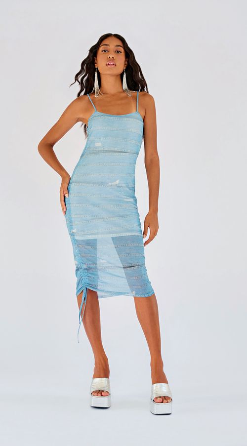 Vestido Zinco Curto Decote Redondo Com Amarração Azul