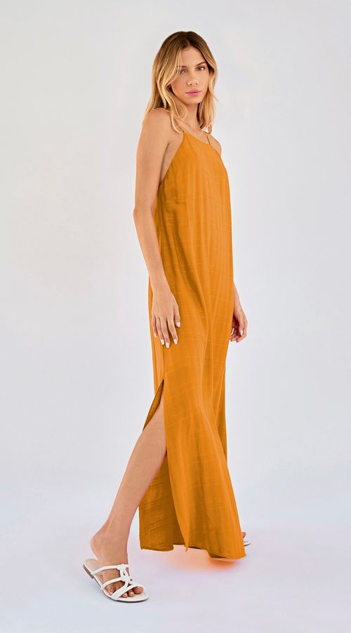 Vestido Zinco Longo Decote Reto Detalhe Costas Laranja