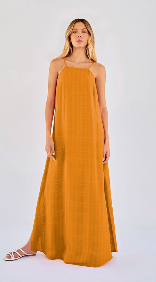 Vestido Zinco Longo Decote Reto Detalhe Costas Laranja