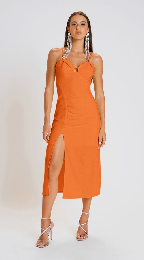 Vestido Zinco Midi Decote V Com Fenda Laranja