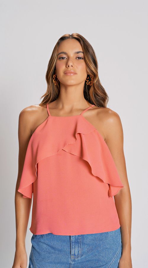 Blusa Zinco Decote Reto Cavada Com Babado Laranja