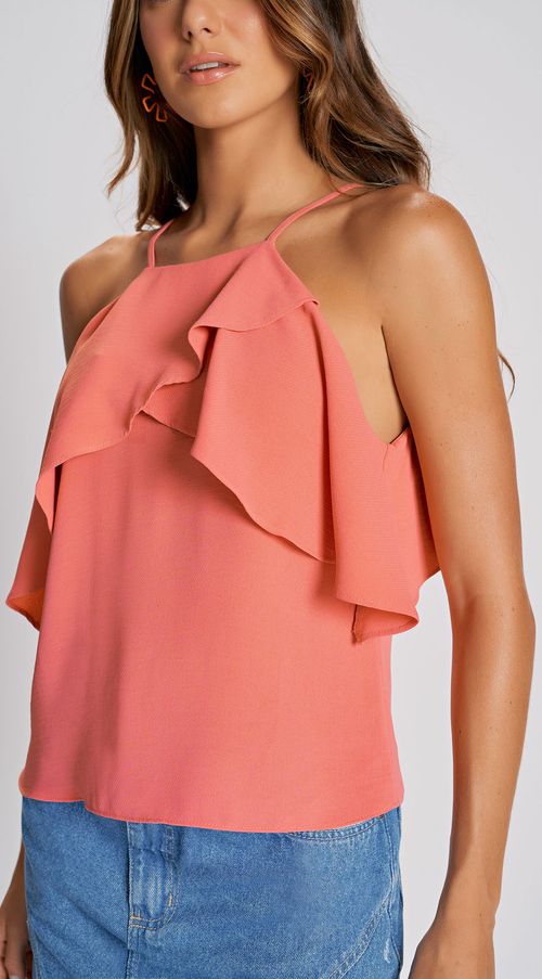 Blusa Zinco Decote Reto Cavada Com Babado Laranja