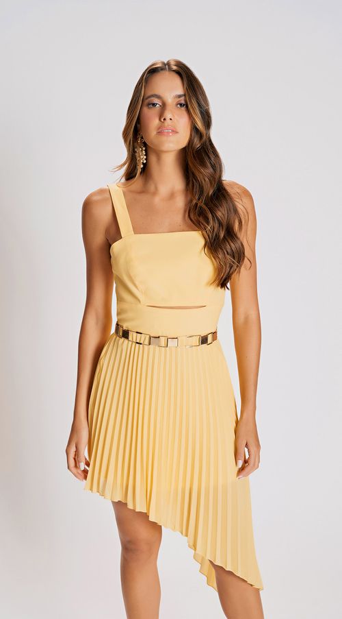 Vestido Zinco Midi Decote Redondo Barra Assimétrica Amarelo