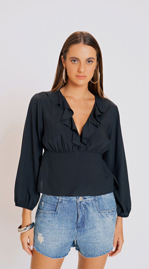 Blusa Zinco Decote V Manga 3/4 Com Babado Preto