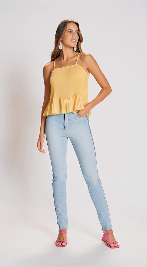 Calca Zinco Skinny Cós Alto Detalhe Galão Jeans