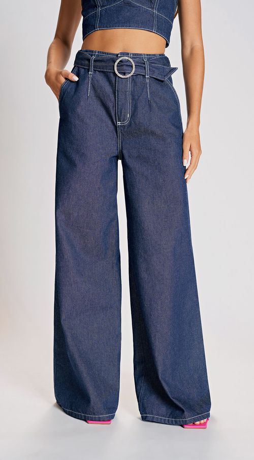 Calca Zinco Pantalona Cós Alto Com Cinto Jeans