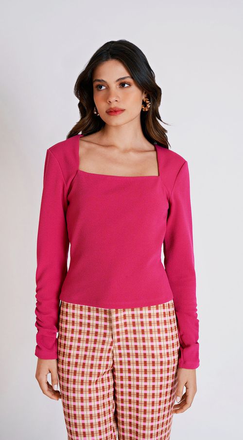 Blusa Zinco Decote Reto Manga Longa Abertura Costas Pink