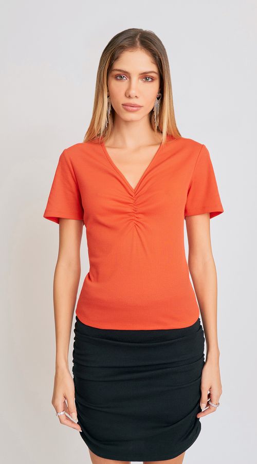 Blusa Zinco Decote V Manga Curta Com Franzido Laranja