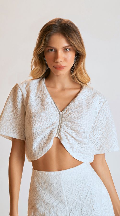 Blusa Zinco Decote V Manga Curta Com Cordão Off White