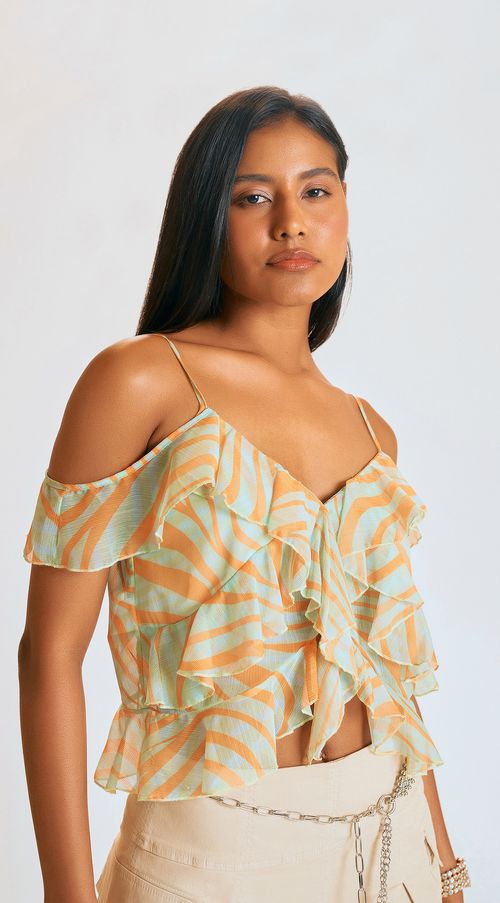 Blusa Zinco Decote V Alça Com Babado Laranja