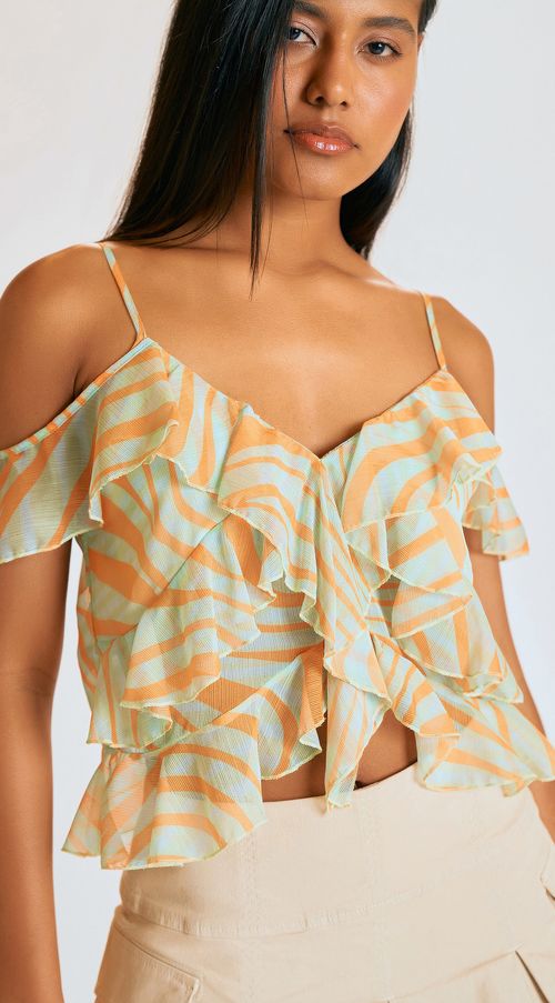 Blusa Zinco Decote V Alça Com Babado Laranja
