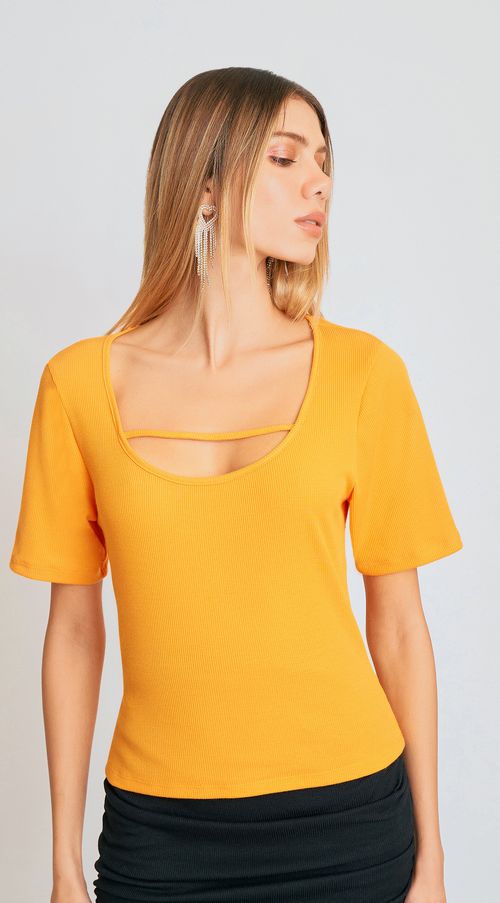 Blusa Zinco Decote Redondo Manga Curta Detalhe Viés Laranja