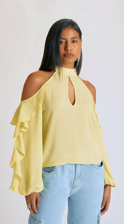 Blusa Zinco Gola Alta Manga Longa Com Babado Verde Claro
