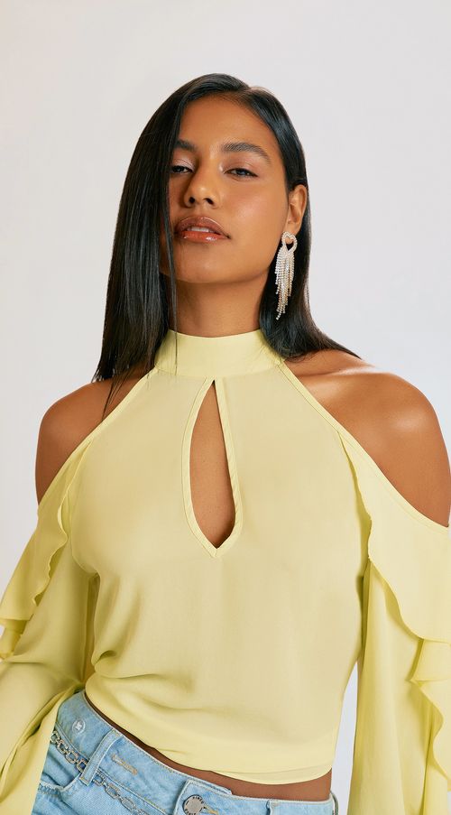 Blusa Zinco Gola Alta Manga Longa Com Babado Verde Claro