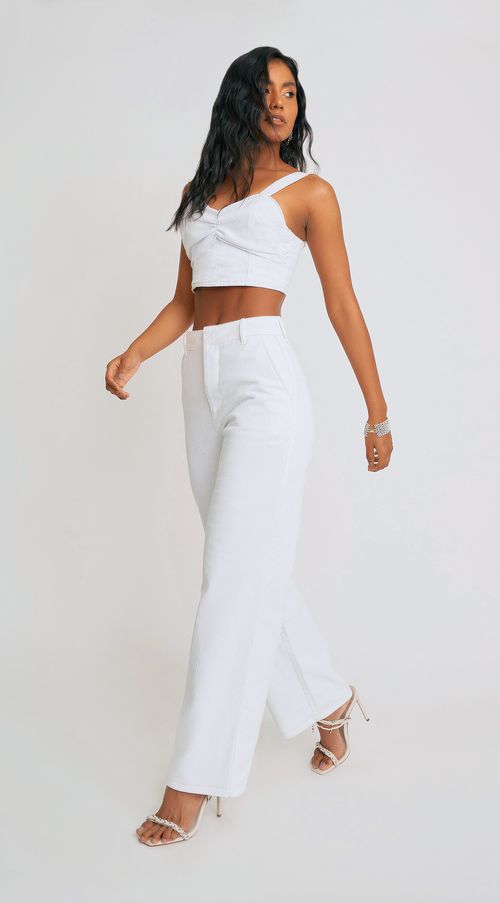 Calca Zinco Pantalona Cós Alto Detalhe Paetê Branco