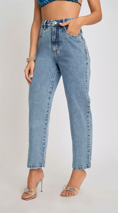 Calca Zinco Reta Cós Alto Detalhe Bordado Jeans