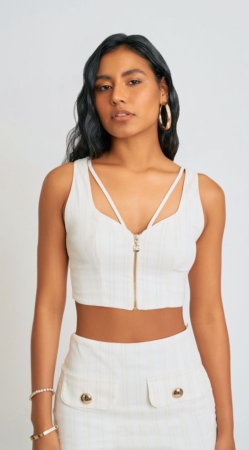 Regata Zinco Decote V Detalhe Zíper Off White