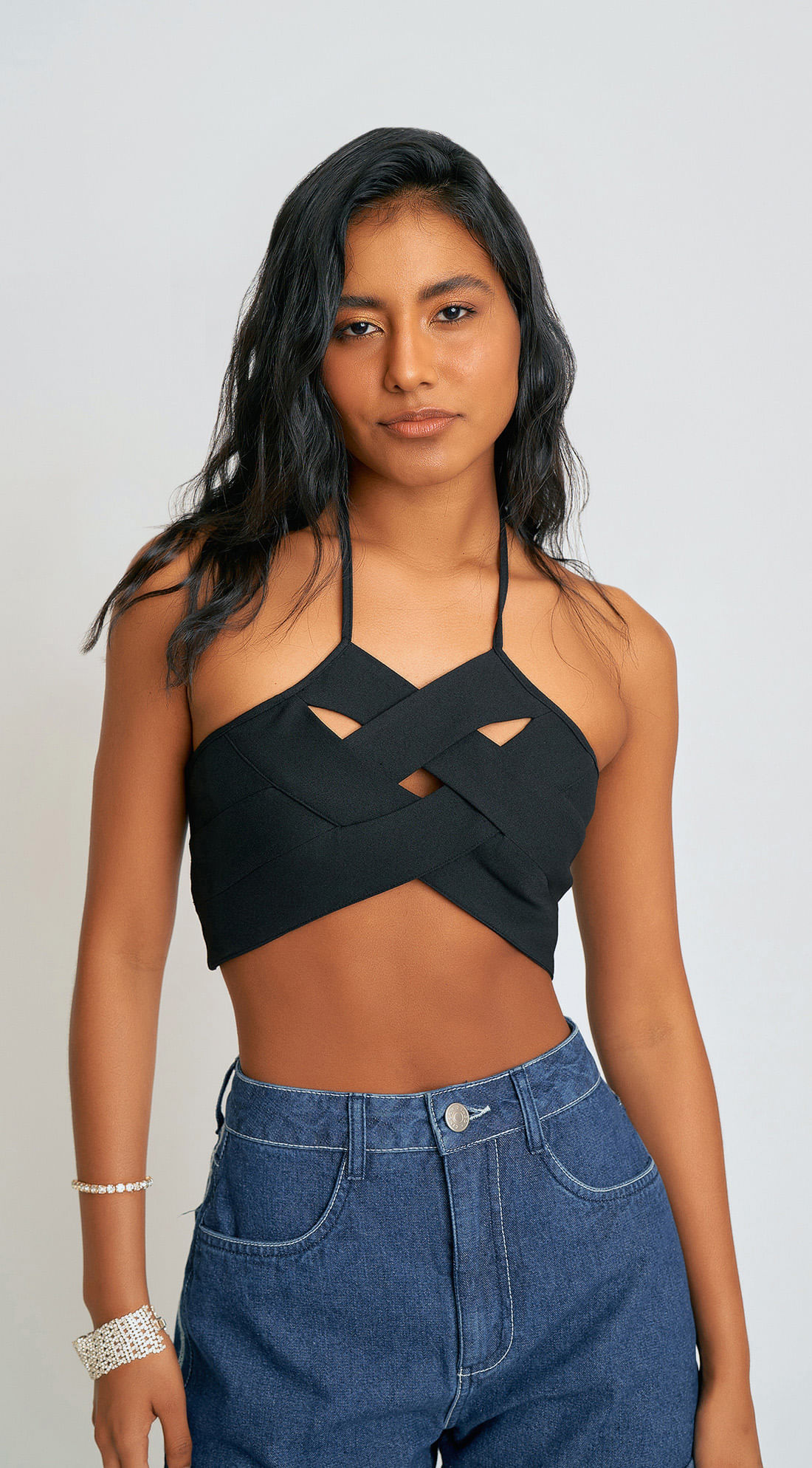 Top Zinco Cropped Cavado Com Lastex Preto