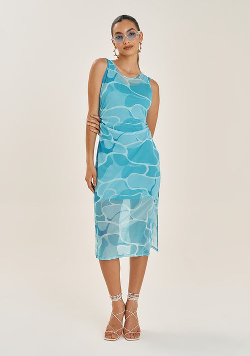 Vestido Zinco Midi Decote Redondo Com Franzido Azul