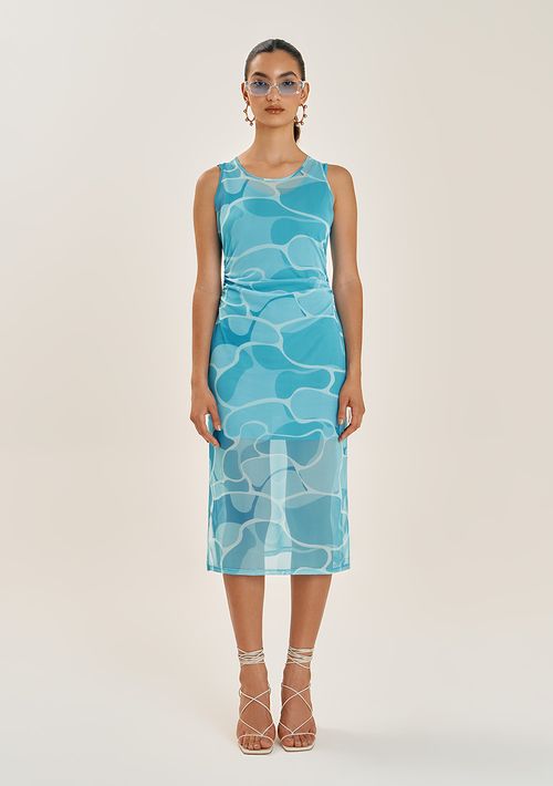 Vestido Zinco Midi Decote Redondo Com Franzido Azul