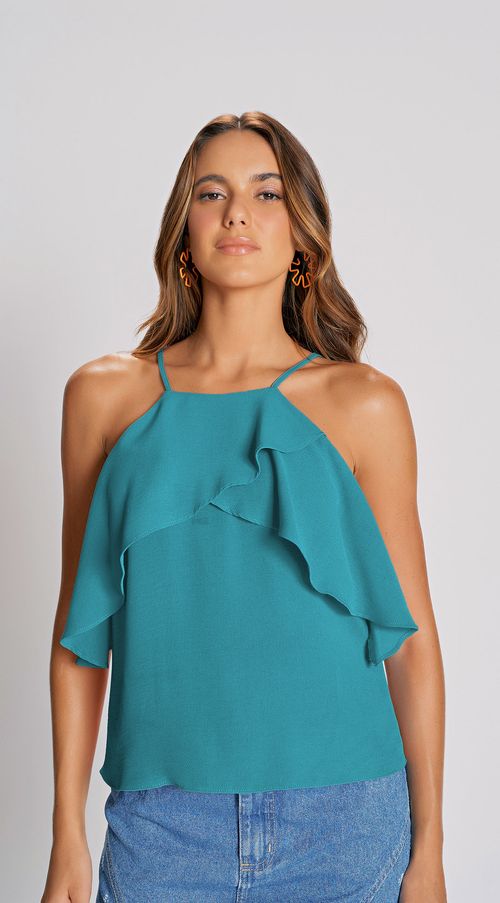 Blusa Zinco Decote Reto Cavada Com Babado Azul