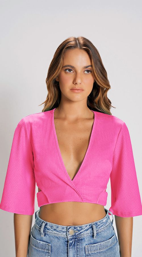 Blusa Zinco Decote Transpassado Manga Curta Detalhe Elástico Pink