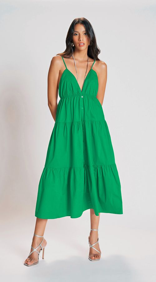 Vestido Zinco Midi Decote V Com Botão Verde