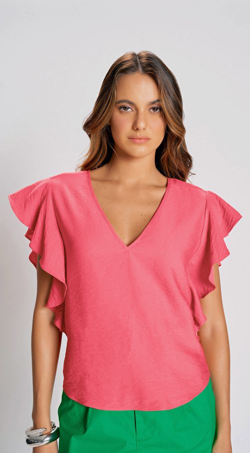 Blusa Zinco Decote V Cavada Com Babado Rosa