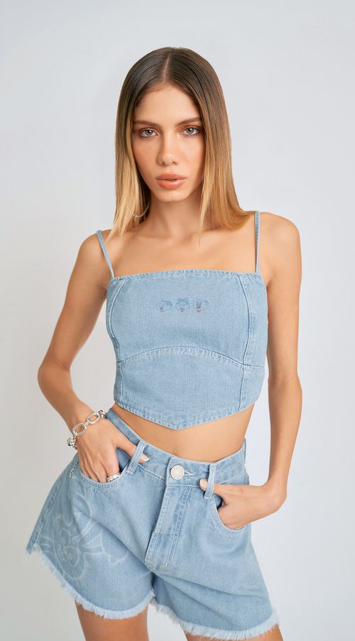 Top Zinco Corset Alça Amarração Costas Jeans