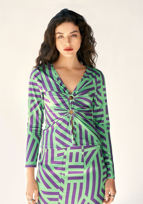 Blusa Zinco Decote V Manga Longa Detalhe Argola Roxo