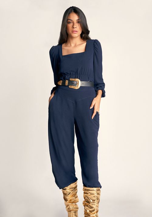Calca Zinco Pantalona Cós Alto Bolso Faca Azul