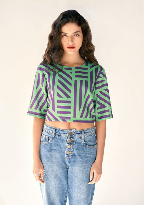 Blusa Zinco Decote Redondo Manga Curta Abertura Costas Roxo