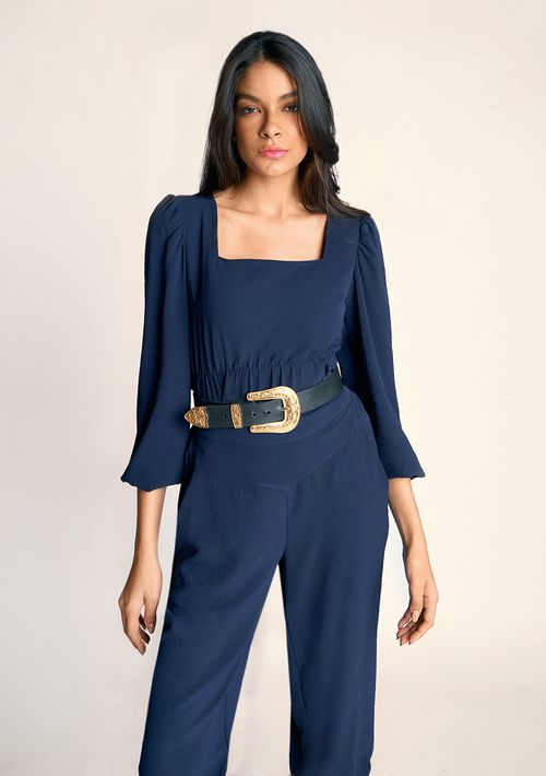 Blusa Zinco Decote Quadrado Manga Longa Detalhe Elástico Azul Marinho
